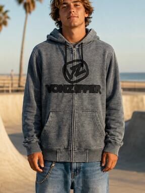Vintage VonZipper Gray Full Zip Logo Hoodie Skate Y2K lounge Grunge Sweatshirt L